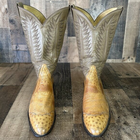 Tony Lama Vintage Pieced Ostrich Gold Label Western Cowboy Boots Mens 10 D - Picture 1 of 12